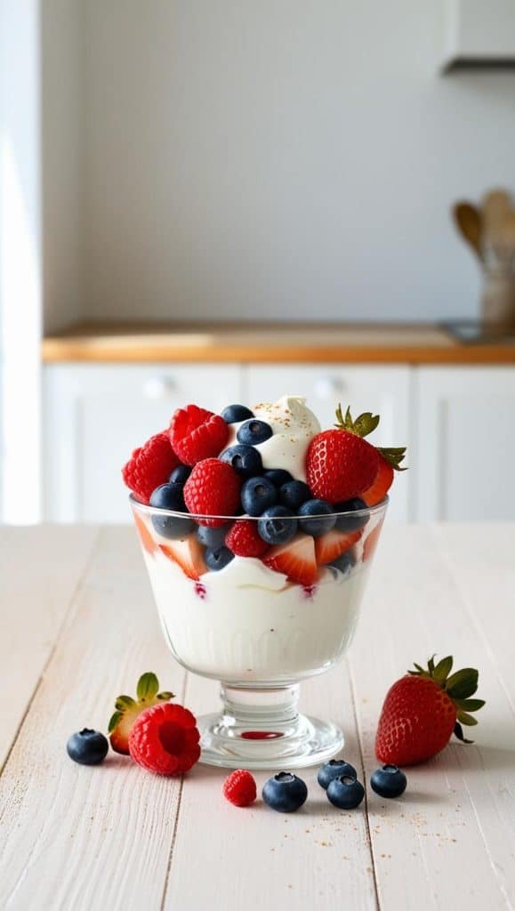 A dish glass of Greek yogurt topped with mixed berries on a wooden table in a well lit kitchen. There are berries next to the glass