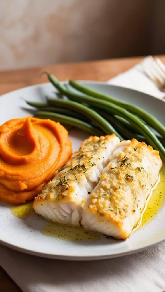 cod with mashed sweet potatoes