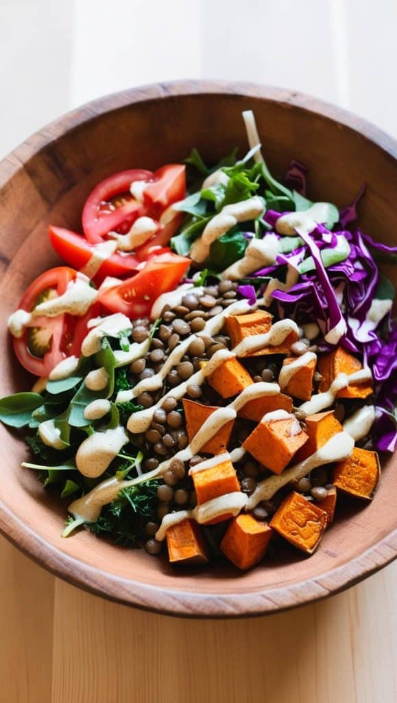 cooked lentils roasted sweet potato cubes and mixed greens nand shredded red cabbage and sliced tomatoes . Top with tahini dressing in a lovely rustic bowl on a table